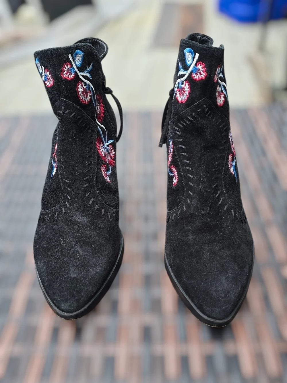 Rebecca Minkoff Black Suede Embroidered Ankle Boots